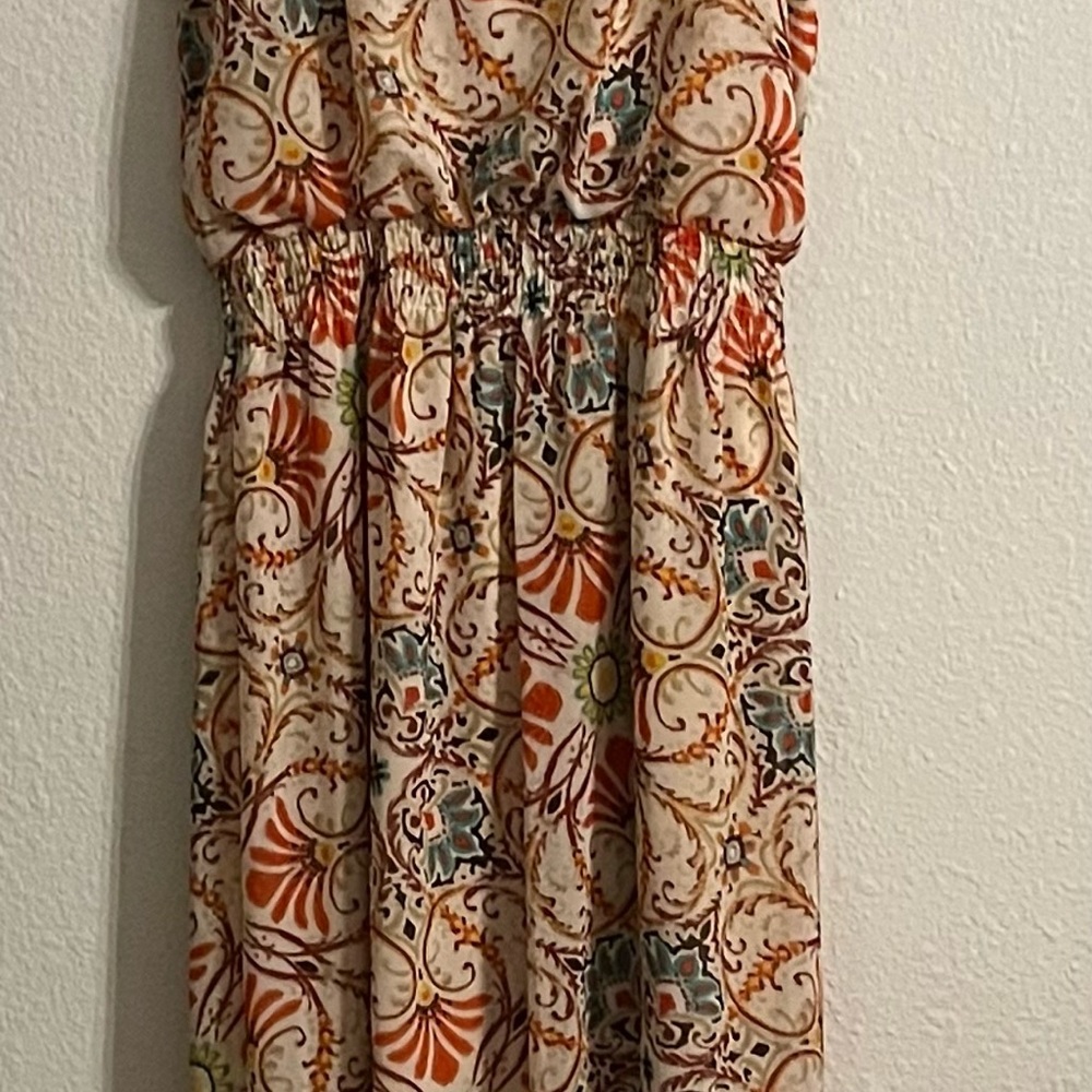 Summer sun-print maxi fully lined shoulder strap dress.